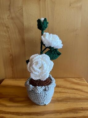 Handmade Crocheted White Rose in Gray Pot